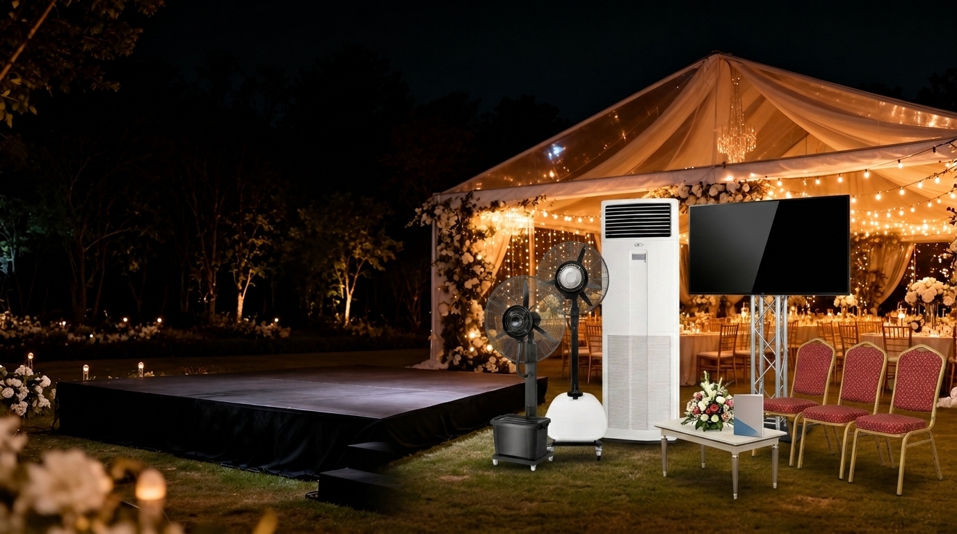 Sewa peralatan event lengkap - Misty Fan, AC Standing, Kursi, Dekorasi di Bandung dan Cianjur